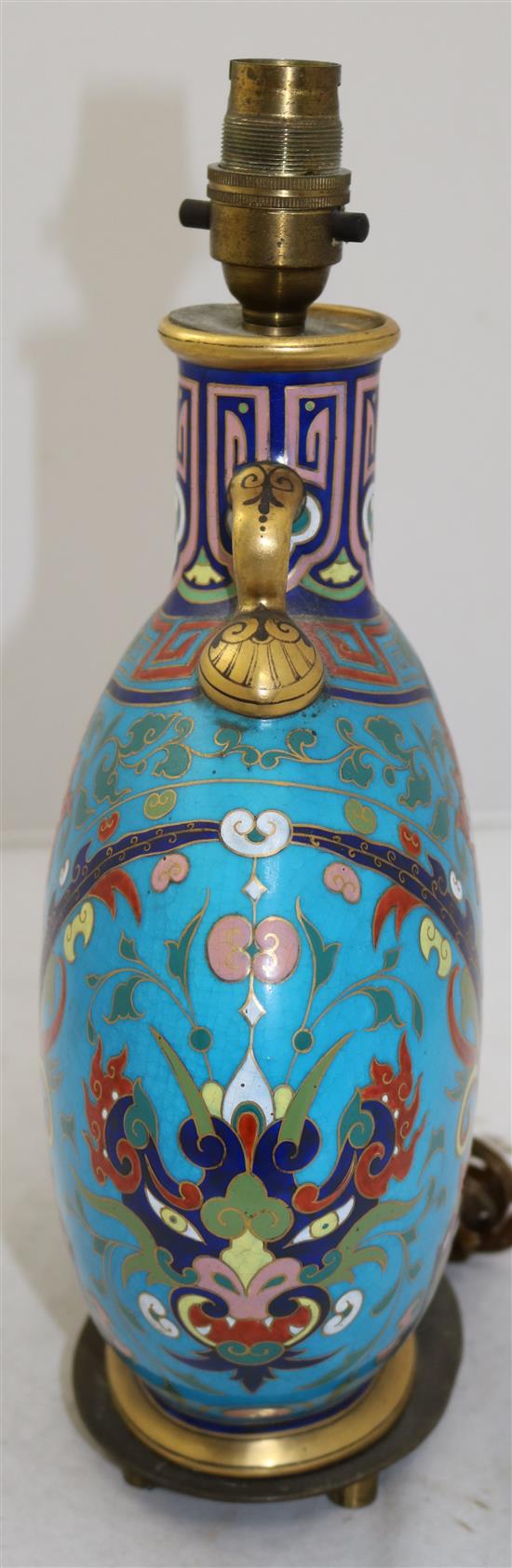 Christopher Dresser for Minton, c.1870. A cloisonne style moon flask, 26.5cm, later mounted as a lamp